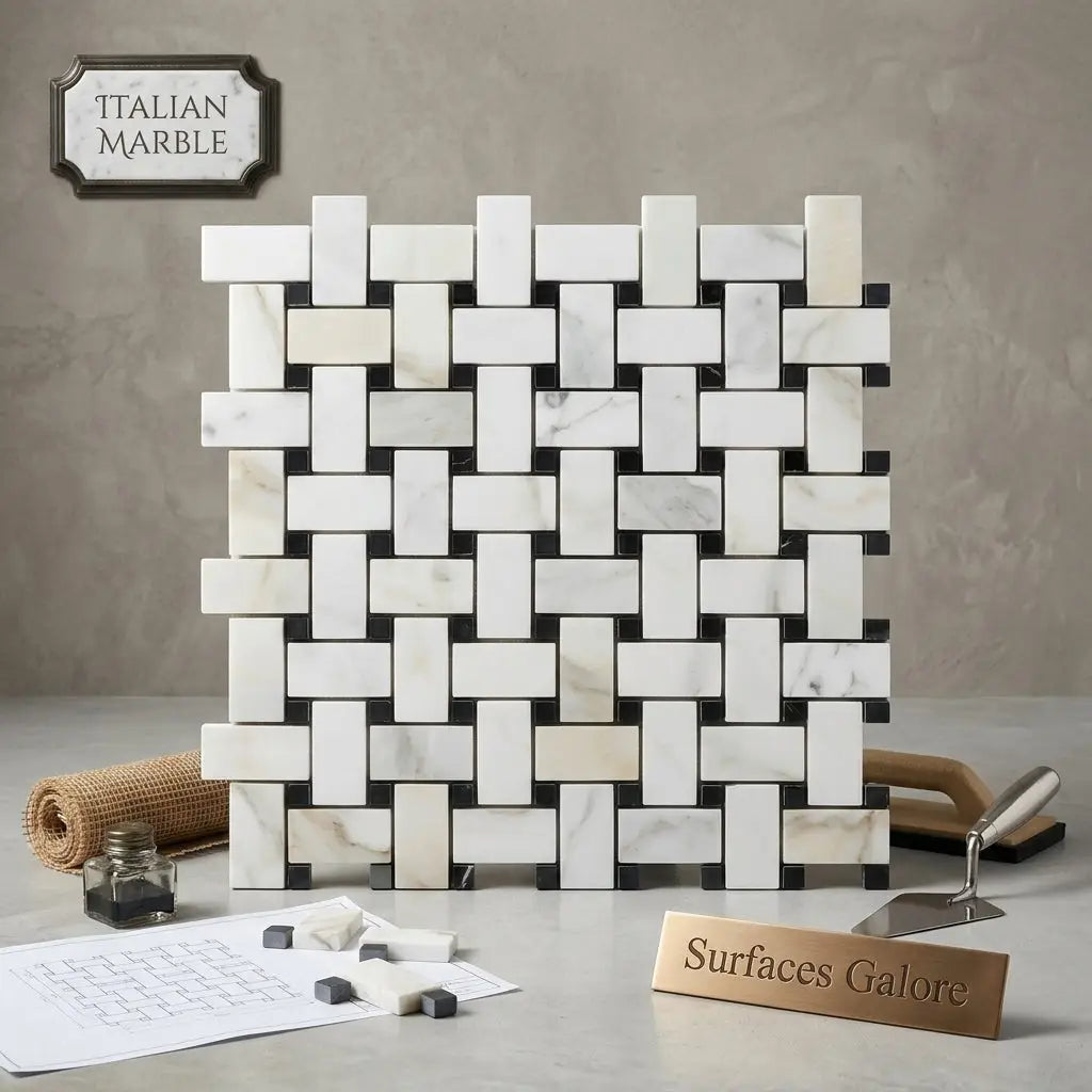 Calacatta gold basketweave mosaic polished marble tile in white and black italian marble with woven pattern