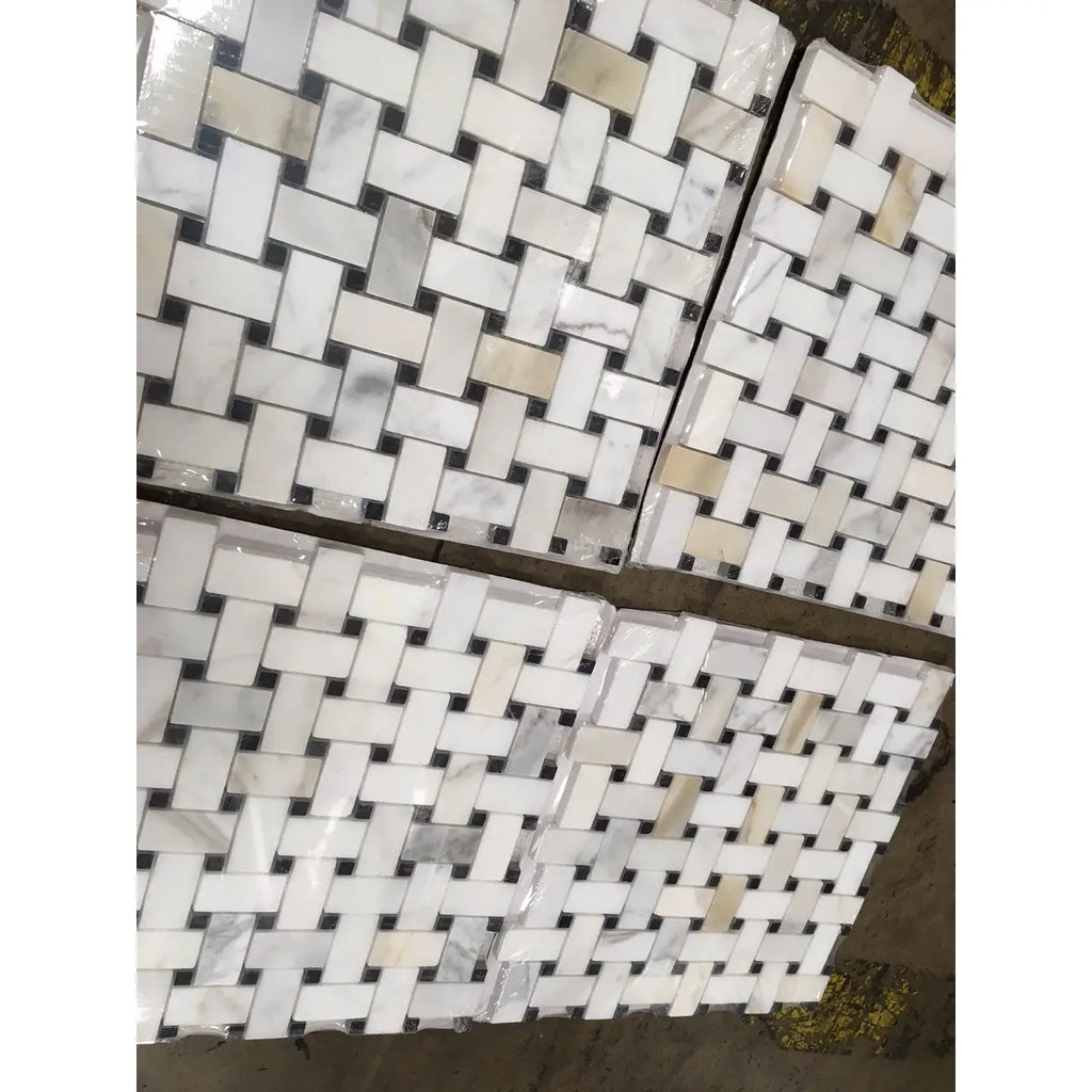 Calacatta Gold Basketweave mosaic marble tile in white with black, polished or honed