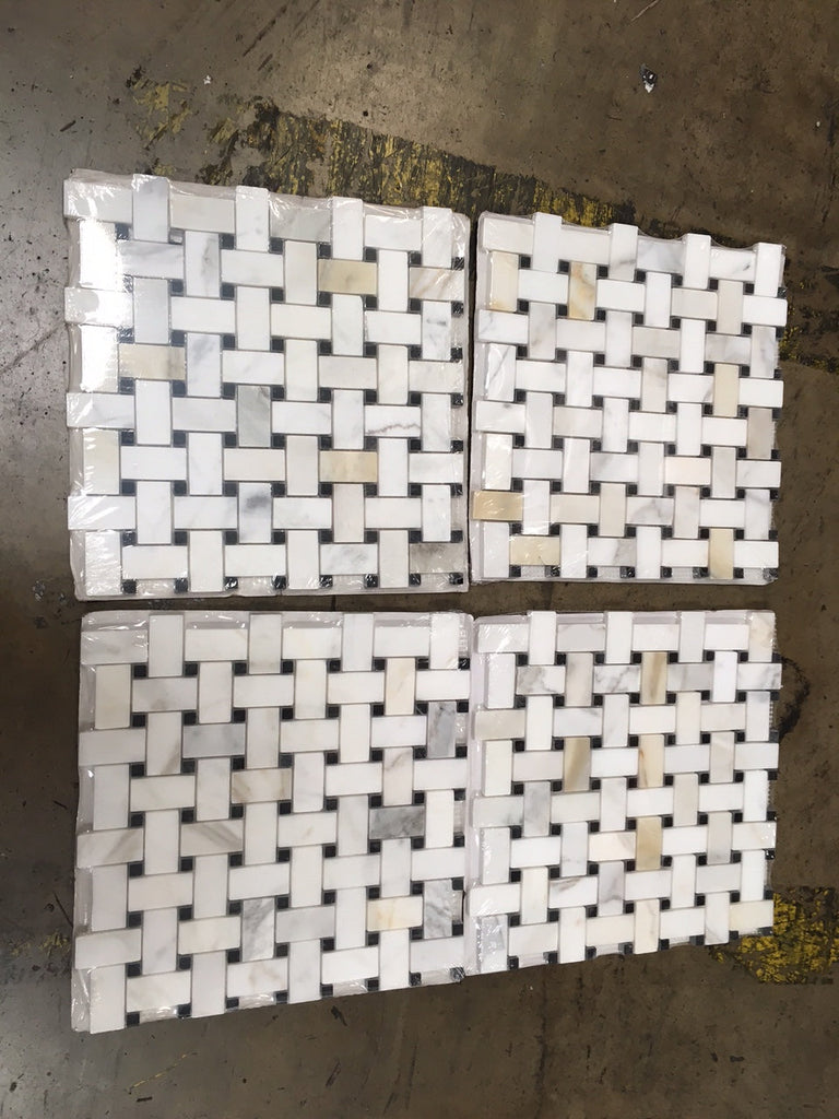 Calacatta Gold basketweave mosaic marble tile with black veining, polished