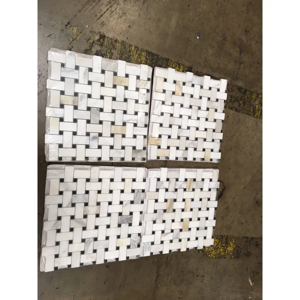 Calacatta Gold basketweave mosaic marble tile in white, gray, and black, polished or honed