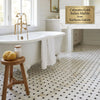 Calacatta gold basketweave mosaic marble tile with a white base and bold black veining in polished or honed finish