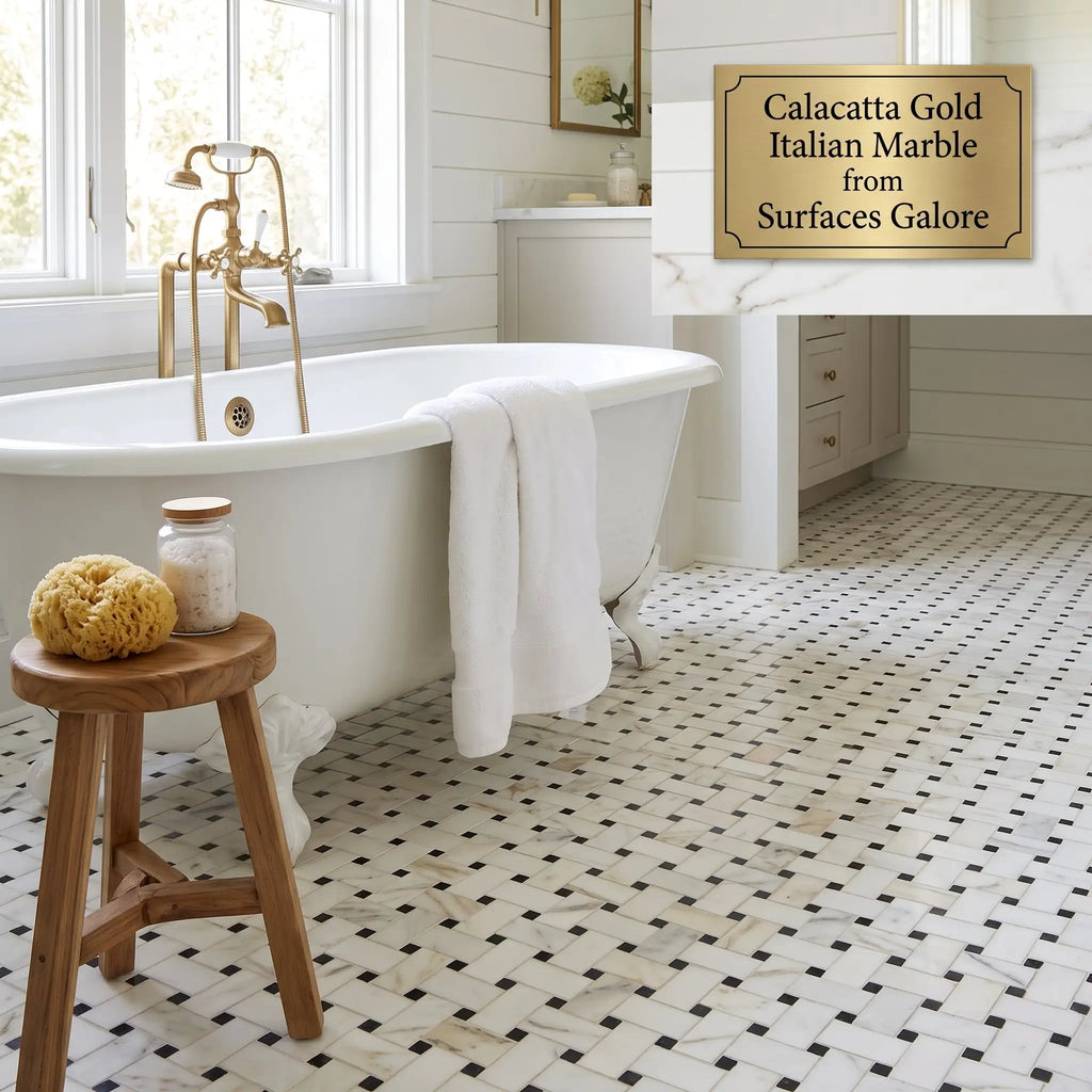 Calacatta gold basketweave mosaic marble tile with a white base and bold black veining in polished or honed finish