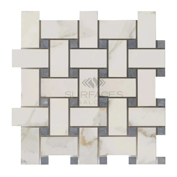 Woven rectangular tile pattern with square accents in Calacatta Gold Basketweave Mosaic