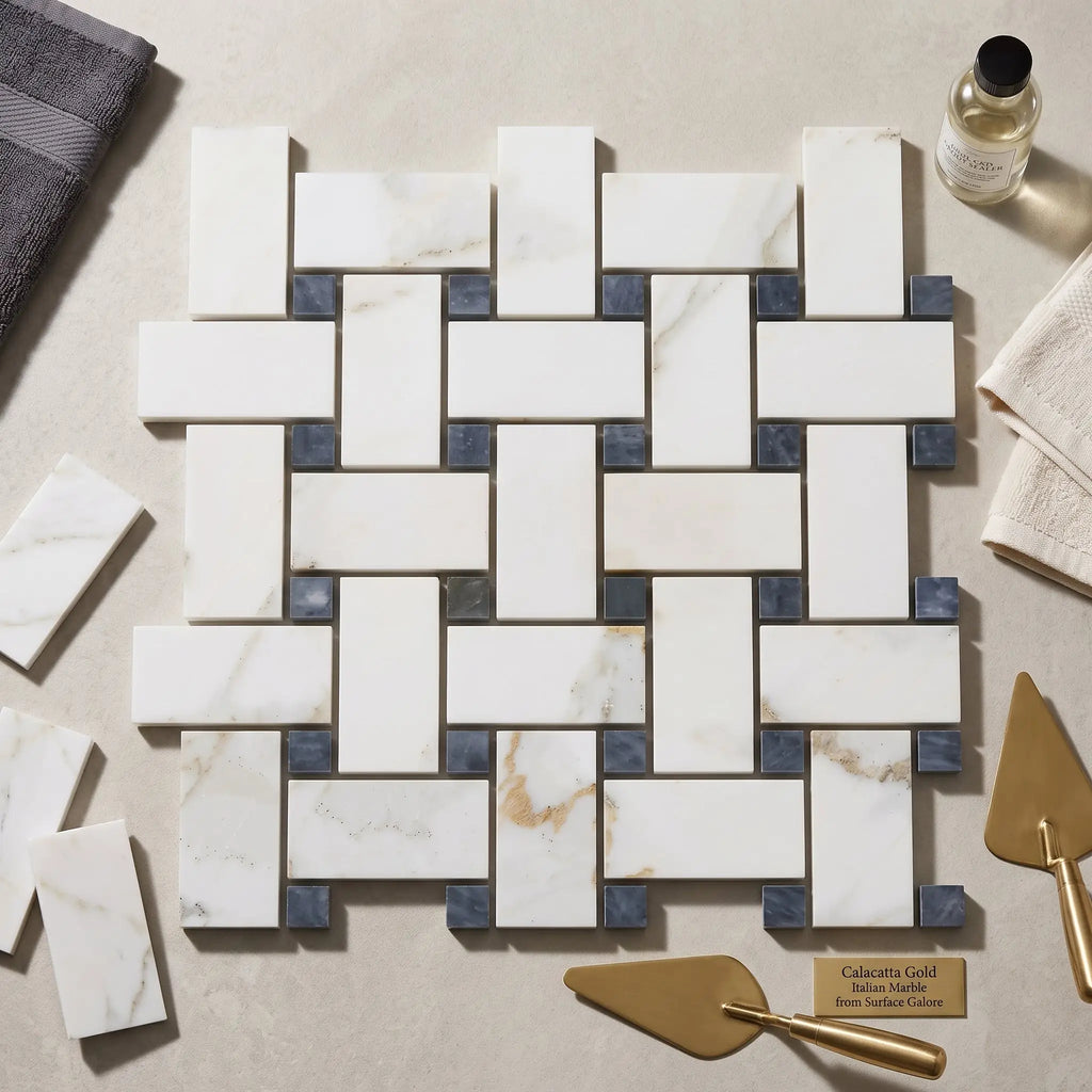 Calacatta gold basketweave mosaic marble tile in white and navy blue polished for elegant interior design