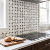 Calacatta gold basketweave mosaic polished marble tile with white and gray calacatta gold pattern on kitchen backsplash