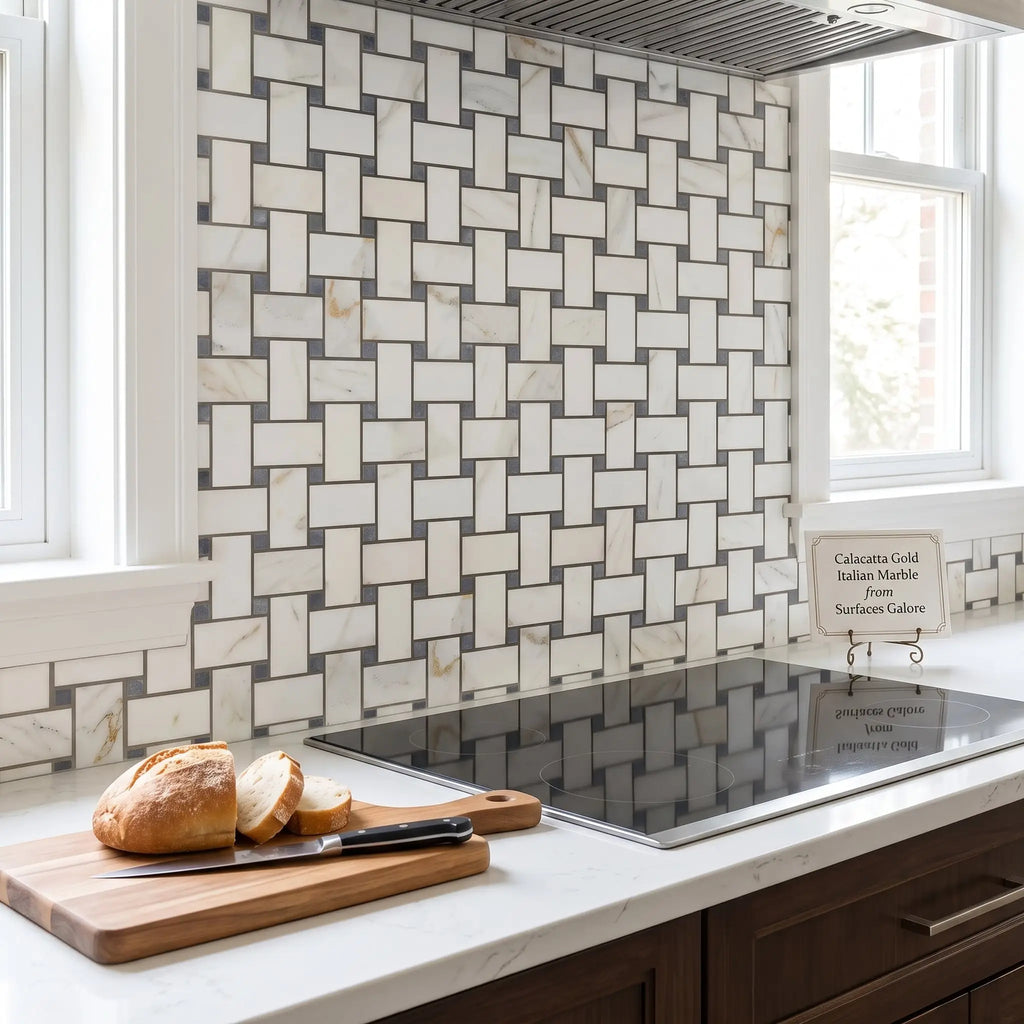 Calacatta gold basketweave mosaic polished marble tile with white and gray calacatta gold pattern on kitchen backsplash