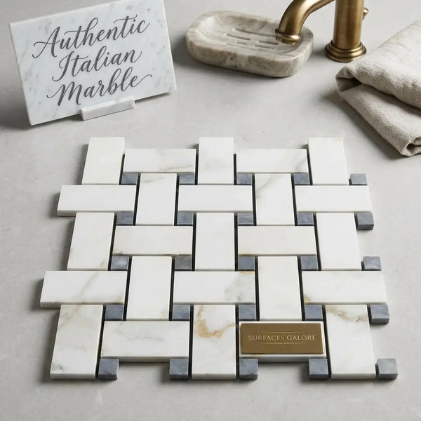 Calacatta gold basketweave mosaic marble tile with white and gray polished or honed marble in woven pattern