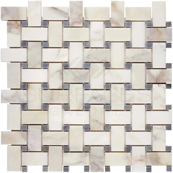 Woven marble tiles with gray accents in Calacatta Gold Basketweave Mosaic design
