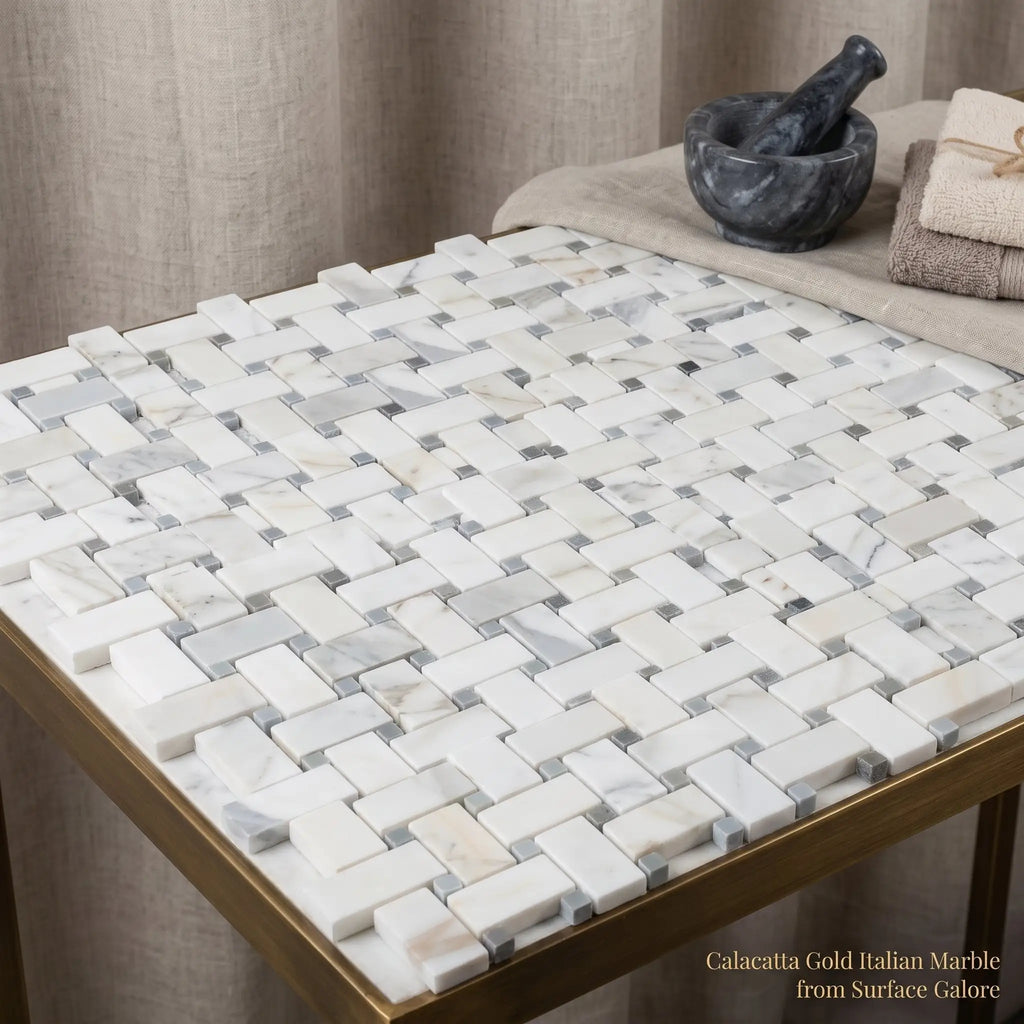 Calacatta gold basketweave mosaic marble tile polished or honed in white gray and blue-gray on gold framed table