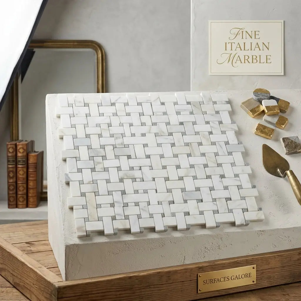 Calacatta gold basketweave mosaic marble tile polished or honed with white italian marble and blue-gray accents on wooden base