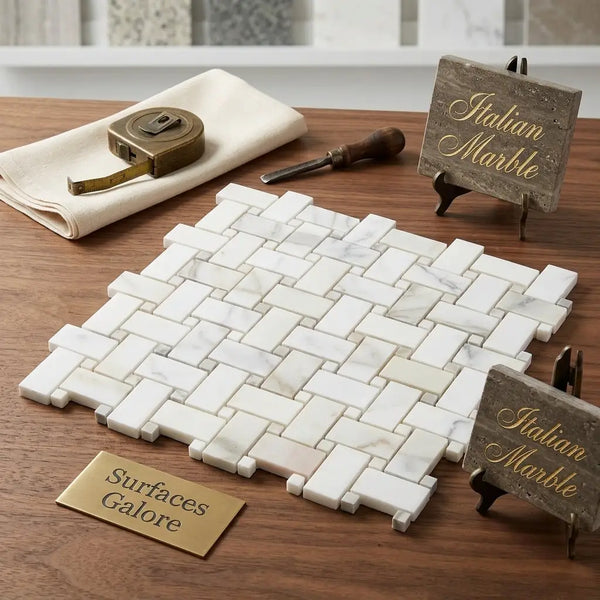 Calacatta gold basketweave mosaic marble tile in white italian marble with classic herringbone pattern and subtle veining