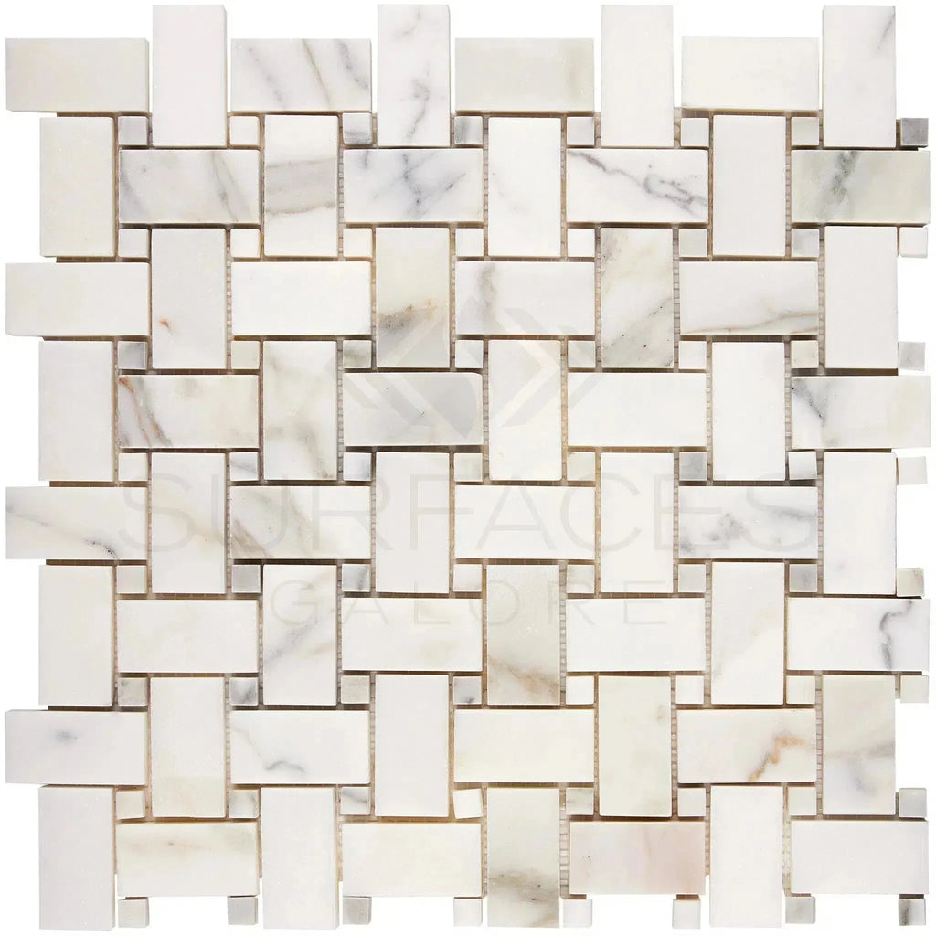 Woven marble mosaic tile featuring Calacatta Gold in polished or honed finish