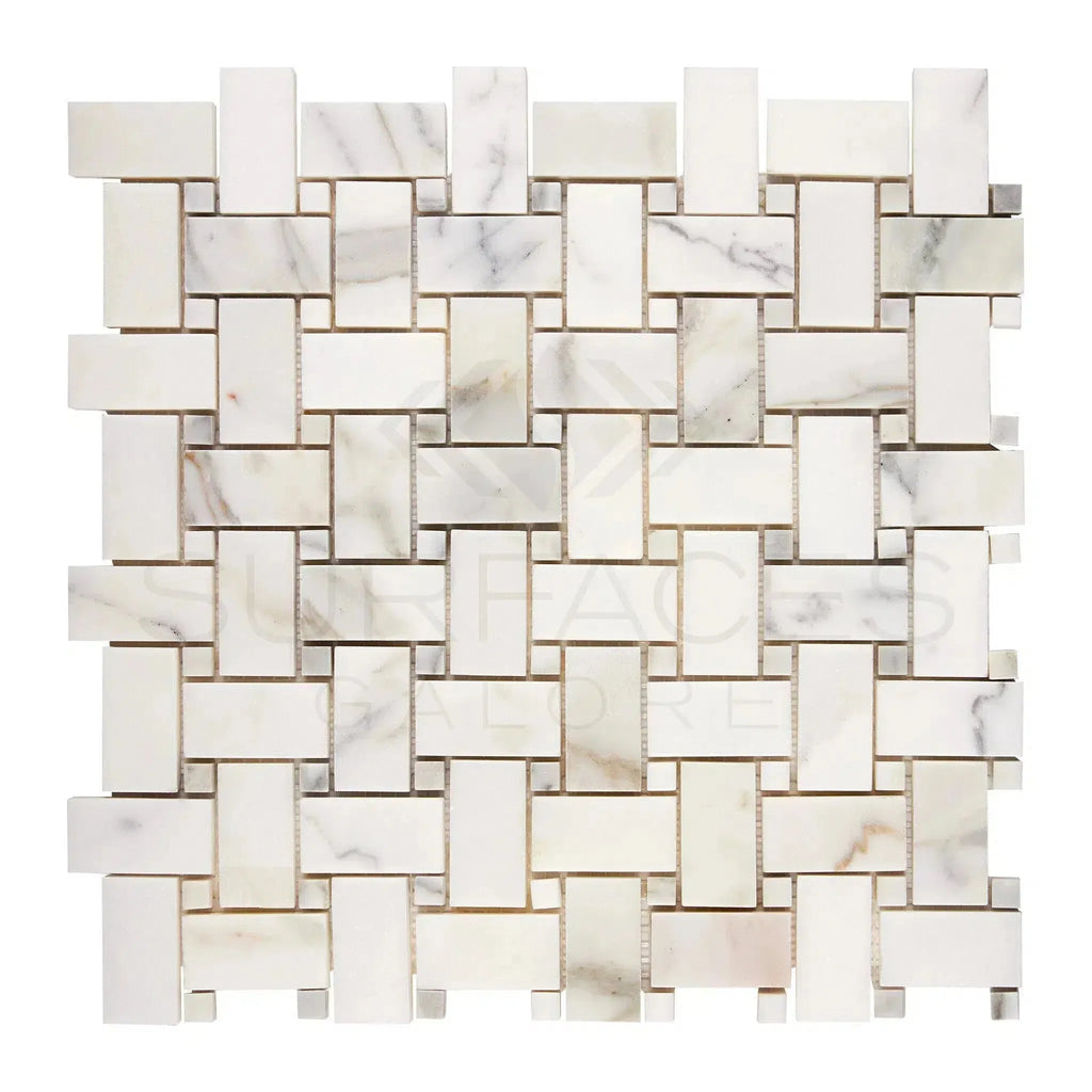 Calacatta Gold Basketweave Mosaic Marble Tile featuring elegant white marble design