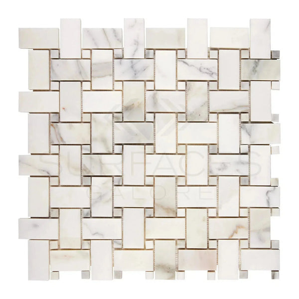 Calacatta Gold Basketweave Mosaic Marble Tile featuring elegant white marble design