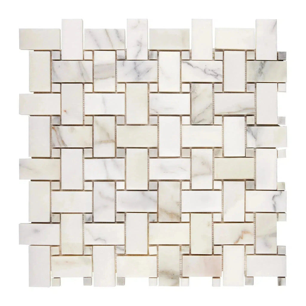 Woven pattern of Calacatta Gold Basketweave Mosaic marble tile, polished finish