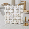 White calacatta gold basketweave mosaic marble tile with gold-toned grout on bathroom countertop polished or honed