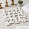 White calacatta gold italian marble basketweave mosaic tile with polished finish and dark grout lines