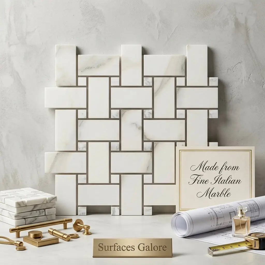Calacatta gold basketweave mosaic marble tile in white and gold crafted from fine italian calacatta gold marble