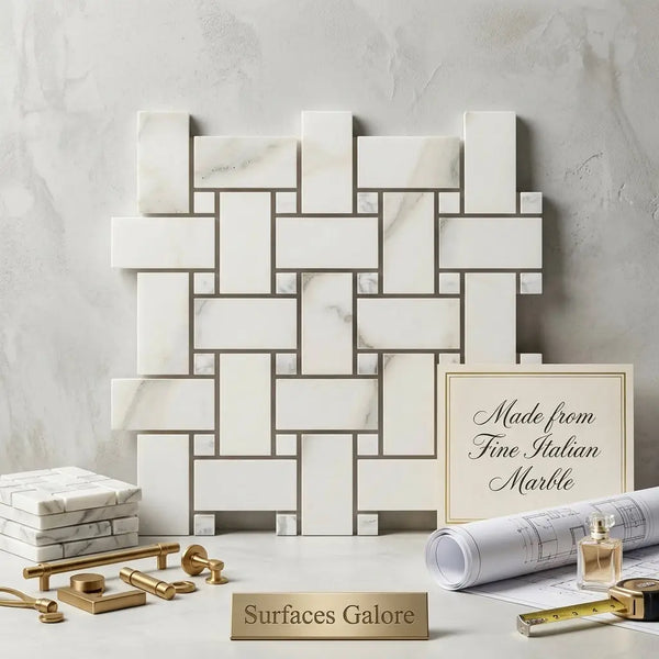 Calacatta gold basketweave mosaic marble tile in white and gold crafted from fine italian calacatta gold marble