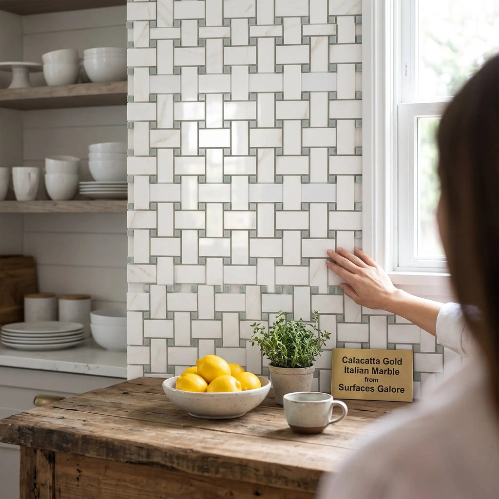 Calacatta gold basketweave mosaic marble tile in white and gray polished or honed Italian Calacatta gold