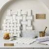 Calacatta gold basketweave mosaic polished white italian marble tiles with ming green accents in woven pattern
