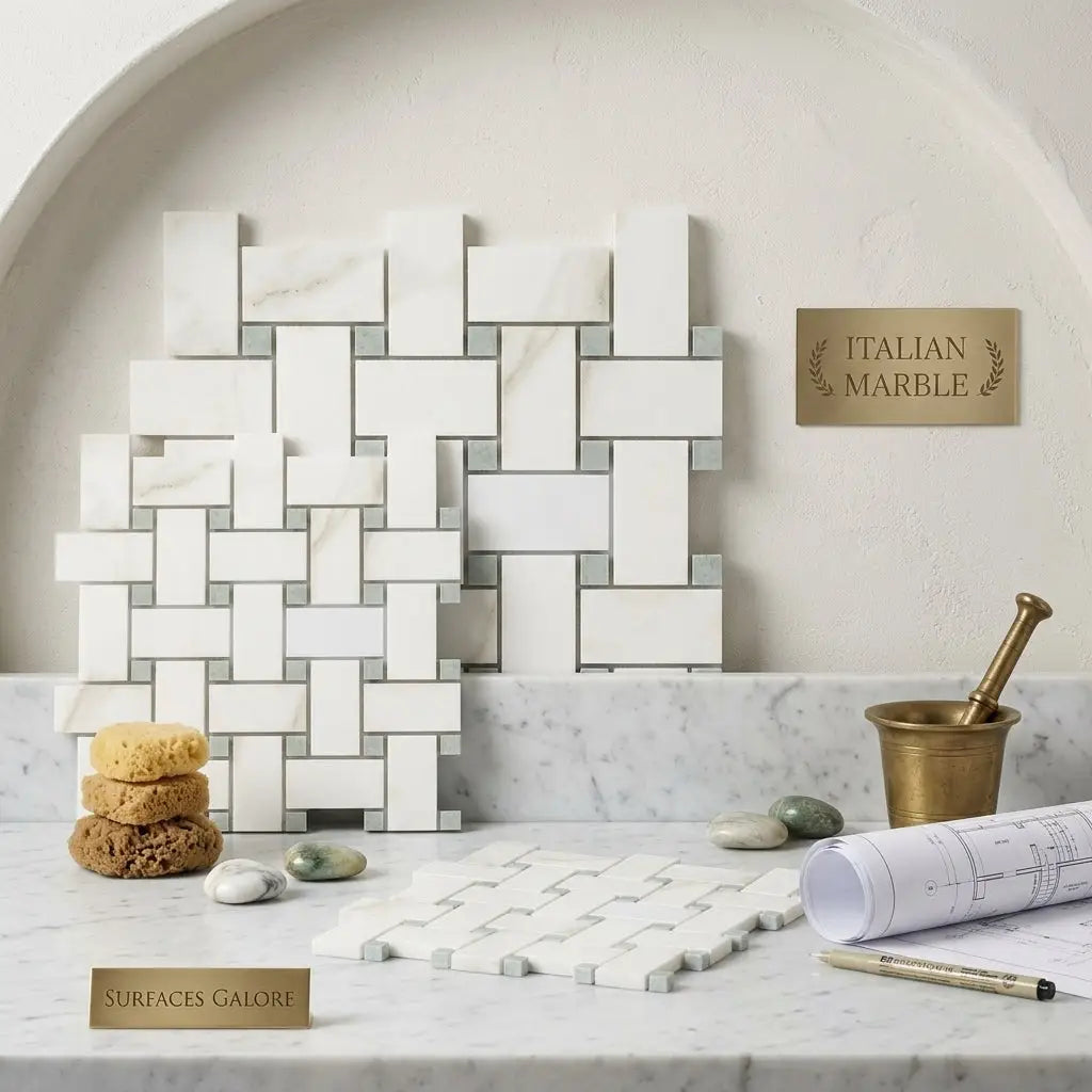 Calacatta gold basketweave mosaic polished white italian marble tiles with ming green accents in woven pattern