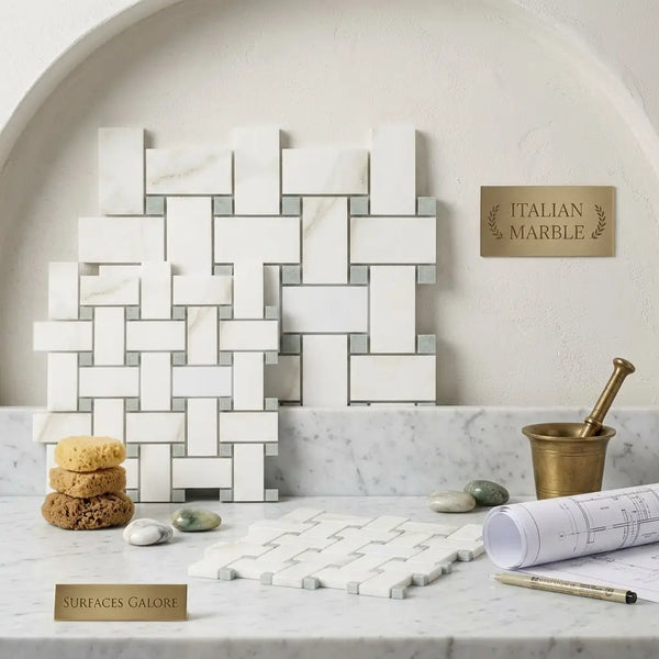 Calacatta gold basketweave mosaic polished white italian marble tiles with ming green accents in woven pattern