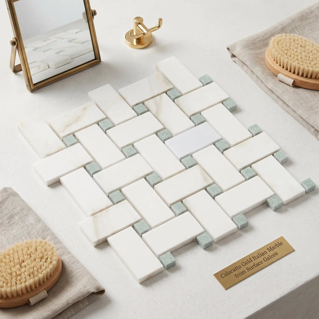 Calacatta gold basketweave mosaic marble tile in white and light gray calacatta gold polished or honed finish