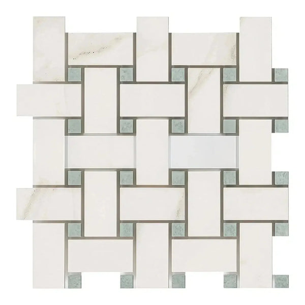 Woven white and gray tile mosaic of Calacatta Gold Basketweave Marble Tile