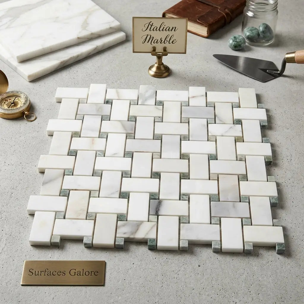 White and gray italian calacatta gold basketweave mosaic marble tile with ming-green accents polished or honed finish