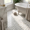 White marble calacatta gold basketweave mosaic tile floor with ming-green herringbone pattern polished or honed