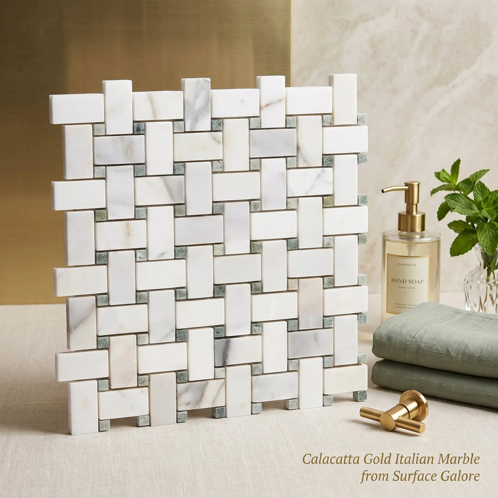 Calacatta gold basketweave mosaic marble tile in white and gray calacatta gold italian marble polished or honed finish