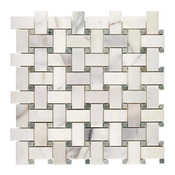 Woven marble mosaic tile featuring Calacatta Gold and Ming Green in polished or honed finish