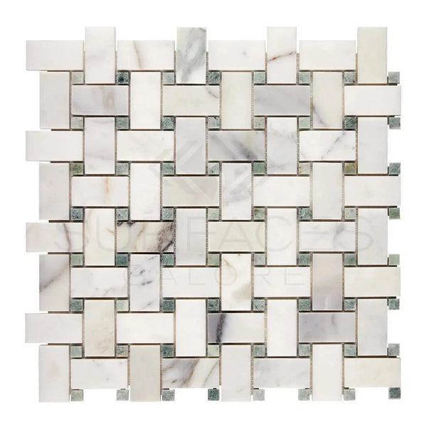 Woven marble mosaic tile featuring Calacatta Gold and Ming Green polished or honed finish