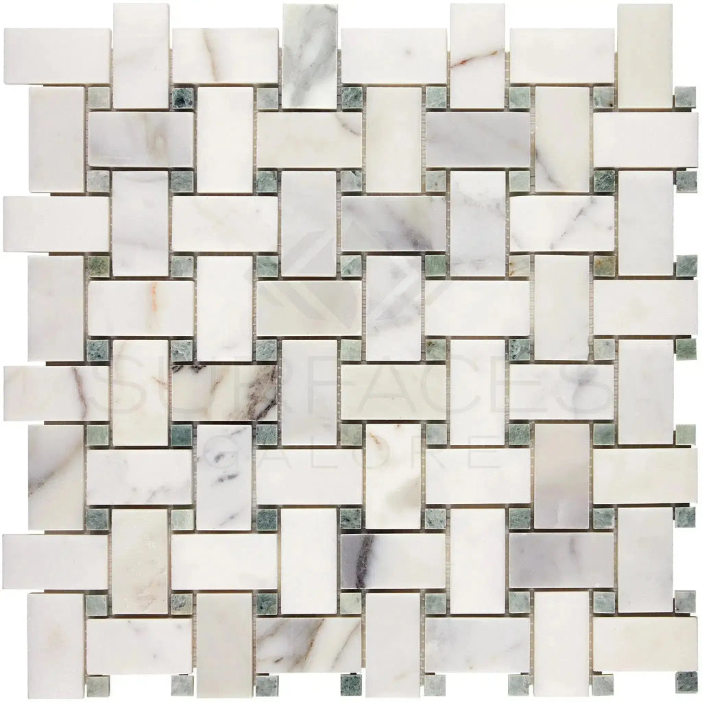Polished Calacatta Gold Basketweave Mosaic Tile with Ming-Green accents in marble