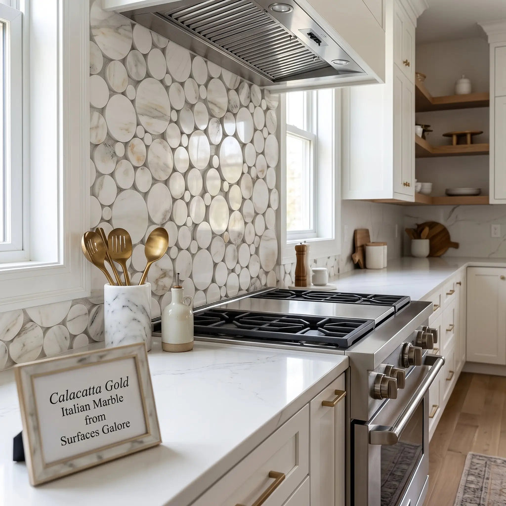 Calacatta gold bubbles mosaic marble tile polished or honed featuring circular white and gray veined tiles backsplash
