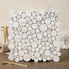 White calacatta gold italian marble mosaic tile with polished circular varying sized pieces in a modern pattern