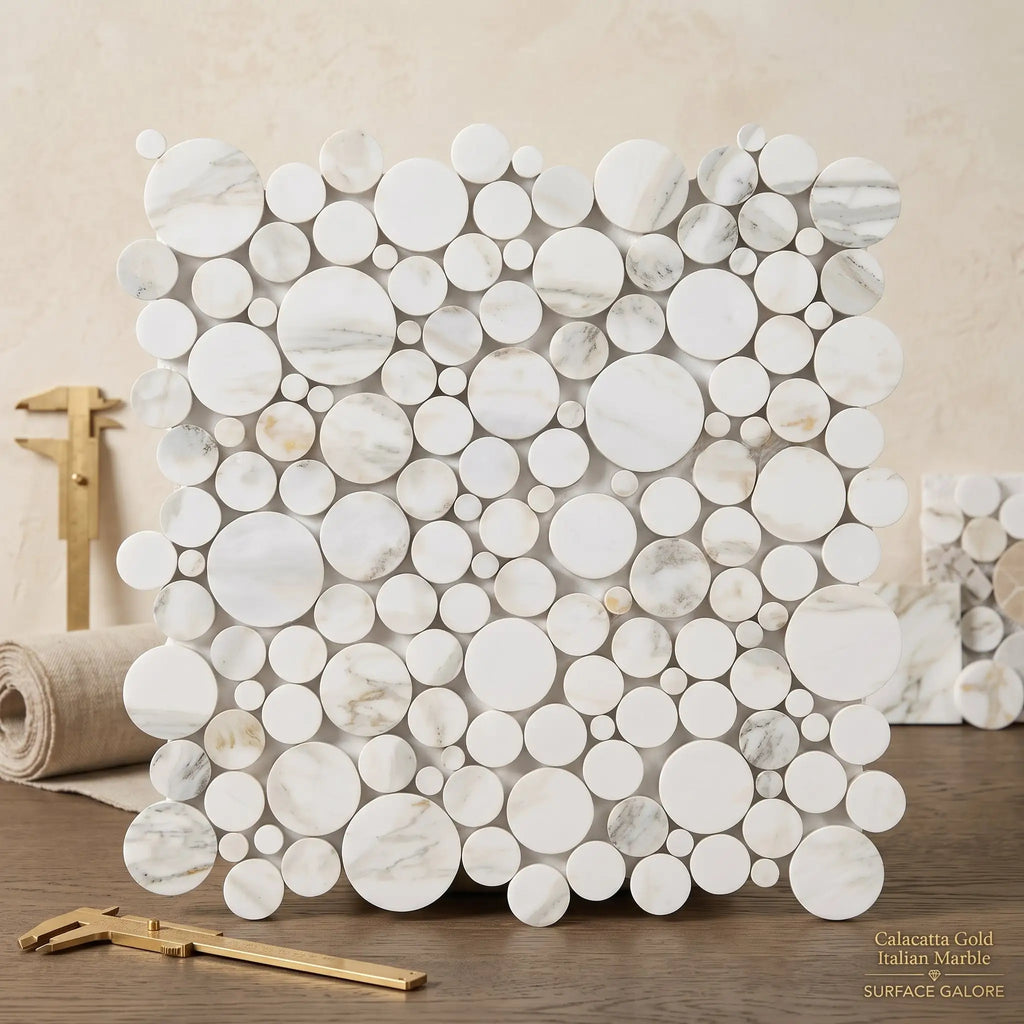 White calacatta gold italian marble mosaic tile with polished circular varying sized pieces in a modern pattern