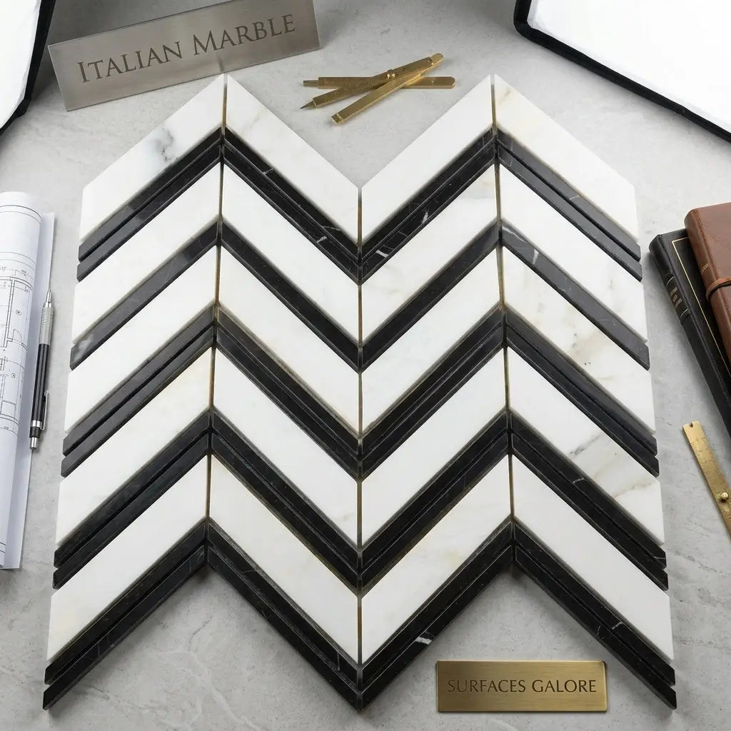 Calacatta gold chevron large mosaic marble tile polished or honed featuring black and white italian marble chevron pattern