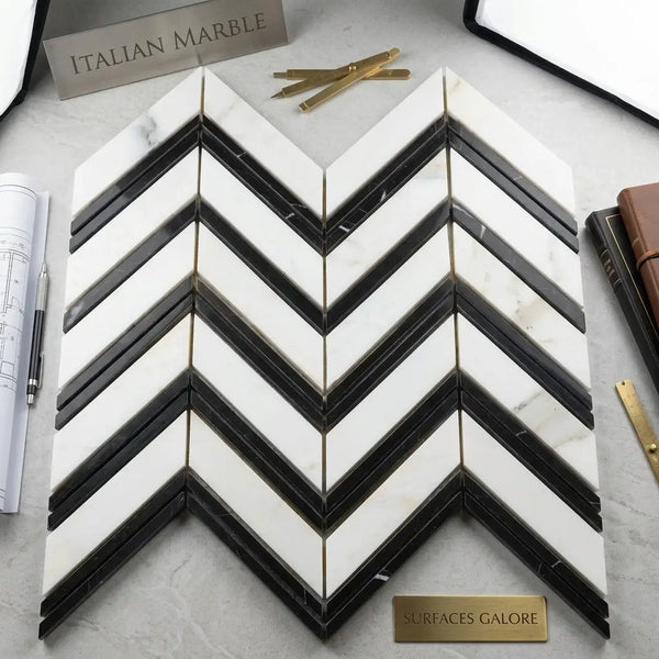 Calacatta gold chevron large mosaic marble tile polished or honed featuring black and white italian marble chevron pattern