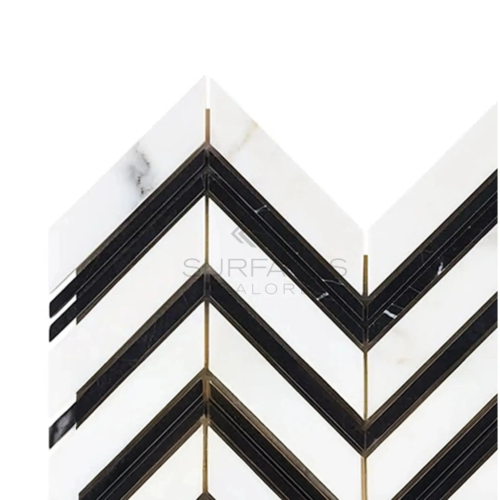 Calacatta Gold Chevron Mosaic Marble Tile with Black accents, available in polished or honed finish