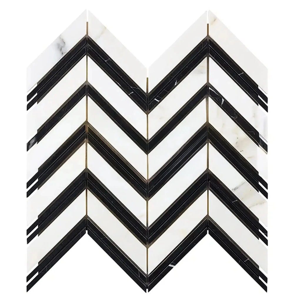 Calacatta Gold Chevron Mosaic Marble Tile with Black Pattern, Polished or Honed Finish