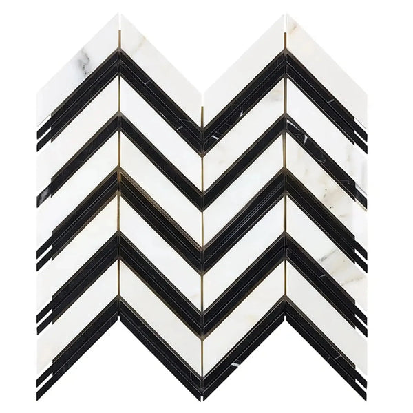 Calacatta Gold Chevron Mosaic Marble Tile with Black Pattern, Polished or Honed Finish