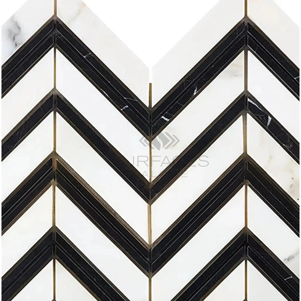 Calacatta Gold Chevron Large Mosaic Marble Tile with Black Polished or Honed Finish