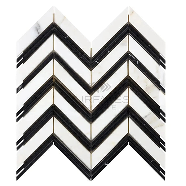 Black and white chevron mosaic tile in Calacatta Gold Chevron Large Marble Tile design