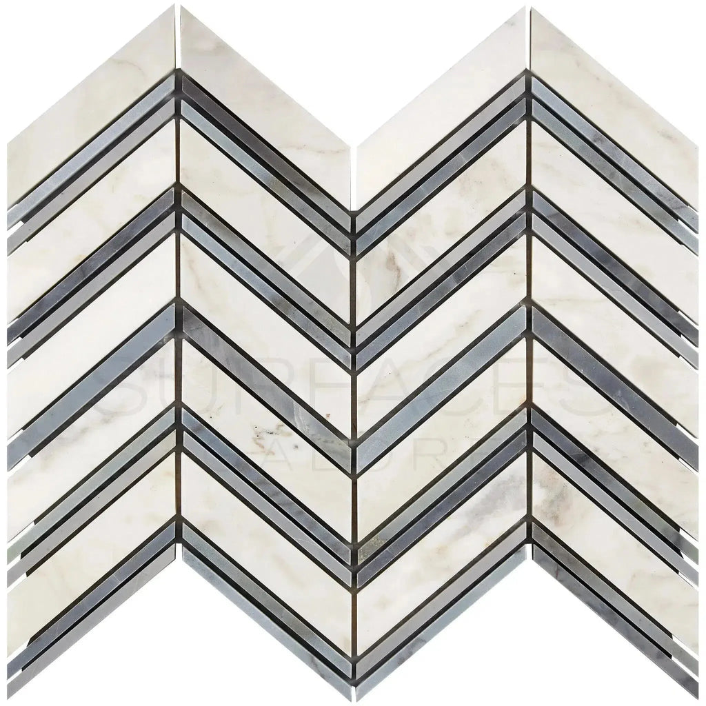 Calacatta Gold Chevron Large Mosaic Marble Tile with Blue-Gray Patterned Design