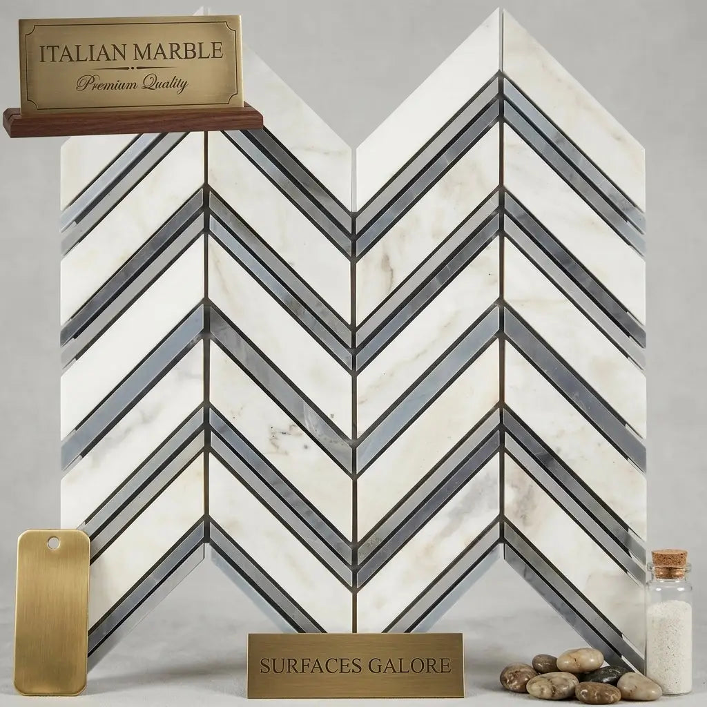 Calacatta Gold chevron large mosaic marble tile polished or honed white and gray italian marble with blue-gray tones and dark grout lines