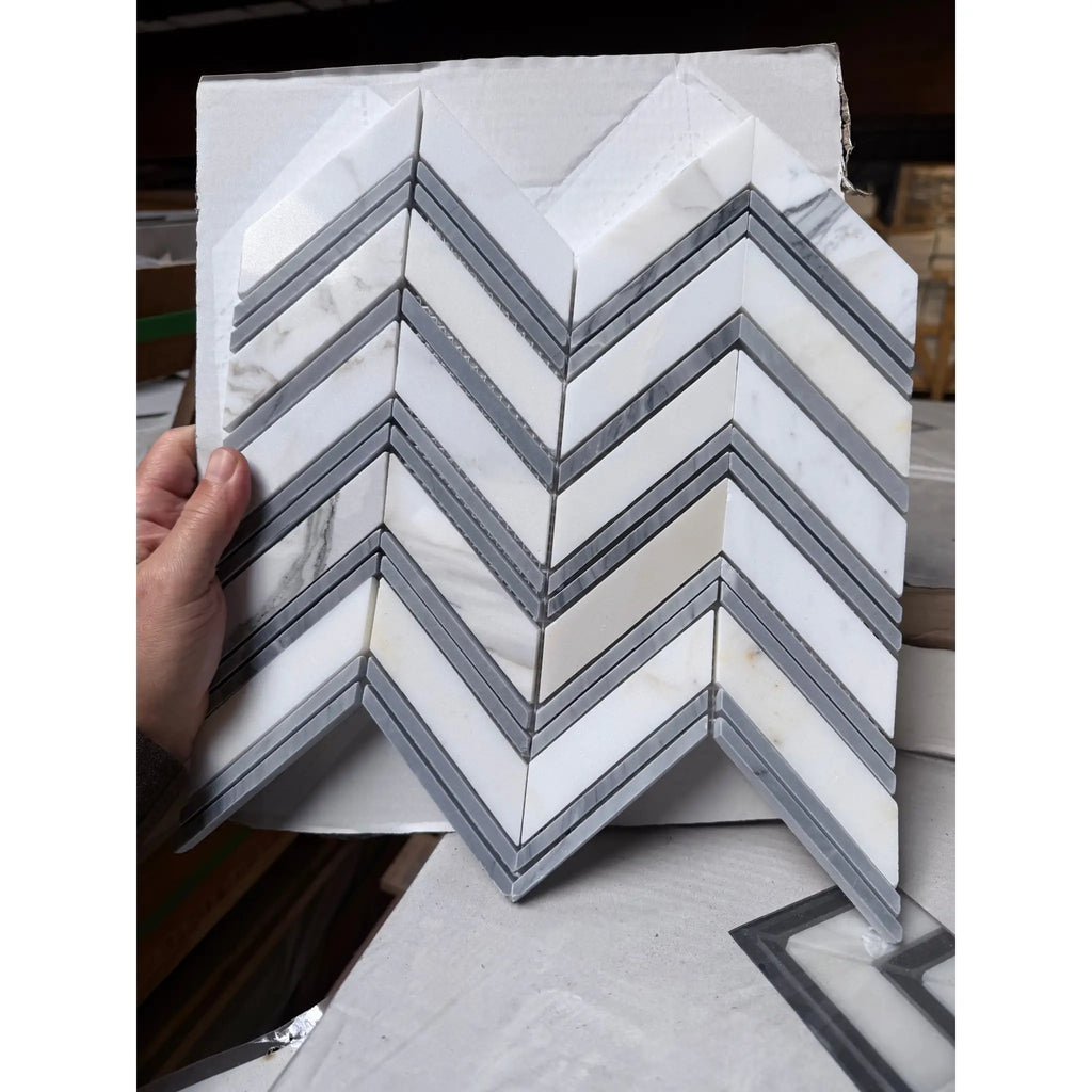 Calacatta Gold Chevron large mosaic marble tile coaster set with blue-gray marble texture