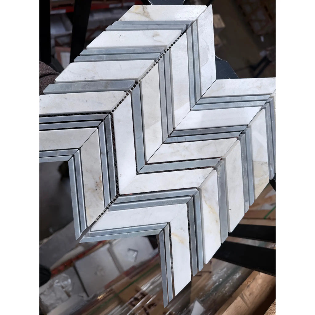 Calacatta Gold Chevron large mosaic marble tile in white gray blue-gray polished honed finish
