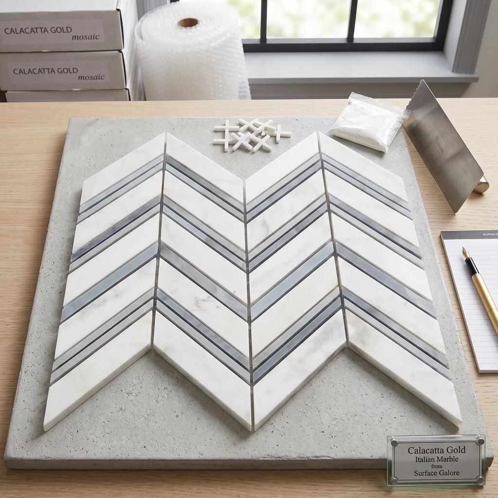 Calacatta gold chevron large mosaic marble tile polished with white and gray veined blue-gray accent in chevron pattern